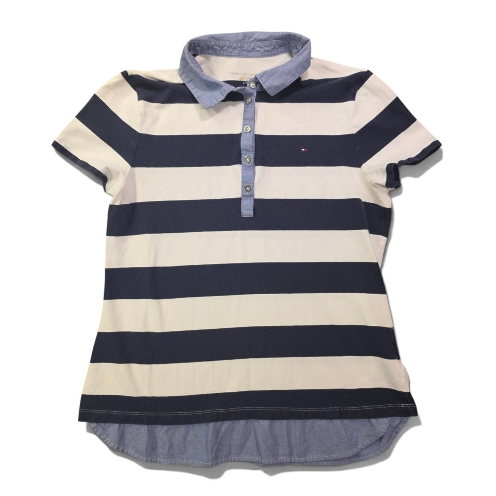 Preppy Navy White Chambray Hem Striped Polo Shirt Tommy Hilfiger Womens Large